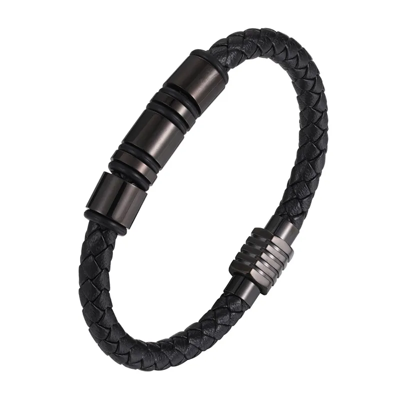Black – Leather Cord Bracelet Stainless Steel Cylinder Accessories Leather Braided Bracelet Genuine Leather Bracelet Simple Leather Bracelet Men’s Cowhide