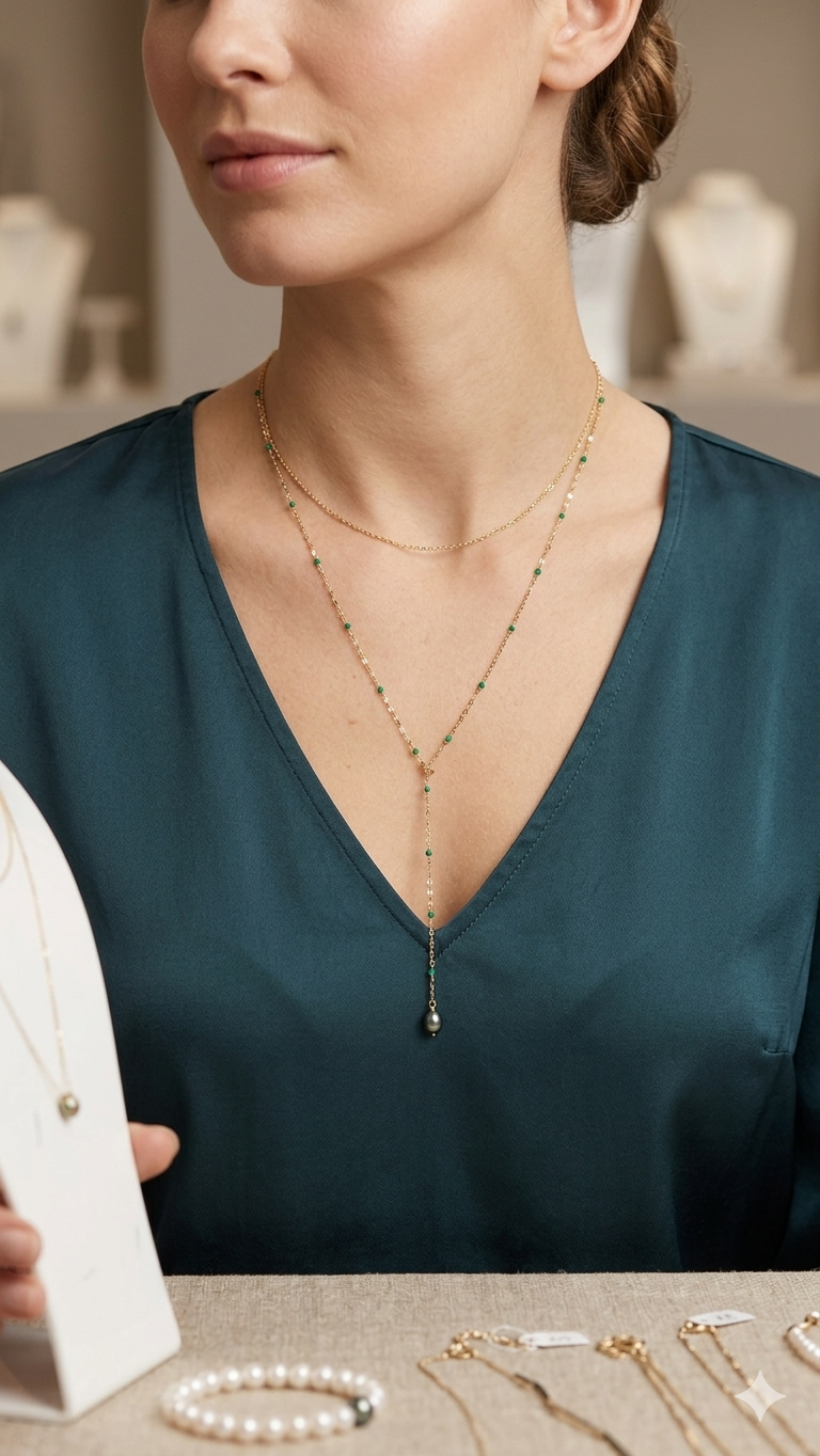 Gold Plated - Silver 925 2 chains with Green Stones and white Pearl
